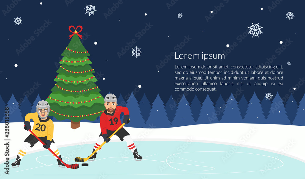 Obraz premium New year's banner. A poster with the hockey players of the Christmas tree. Vector illustration in modern flat style.
