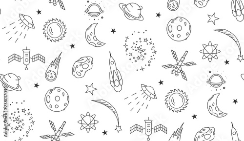 Space doodle seamless pattern. Outline space elements stars planets spaceships