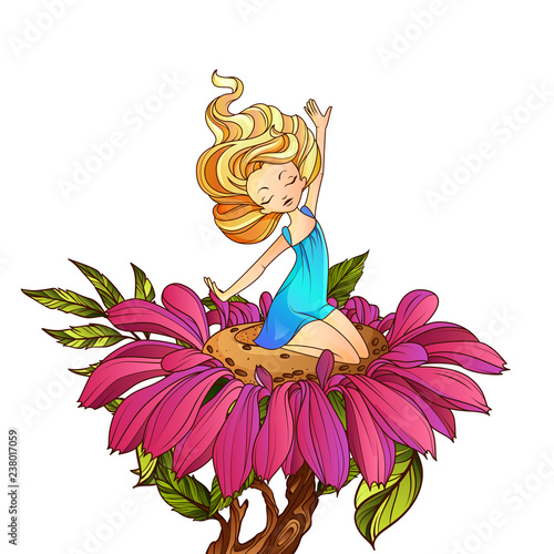 Thumbelina, fairy tale character sitting on the flower. Vector illustration.