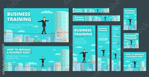 Workshop training activity. How to Manage Business risk. Businessman walking tightrope funambulist rope-dancer balance-master.