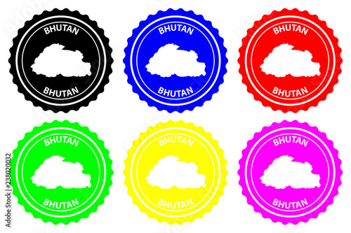 Bhutan - rubber stamp - vector, Kingdom of Bhutan map pattern - sticker - black, blue, green, yellow, purple and red