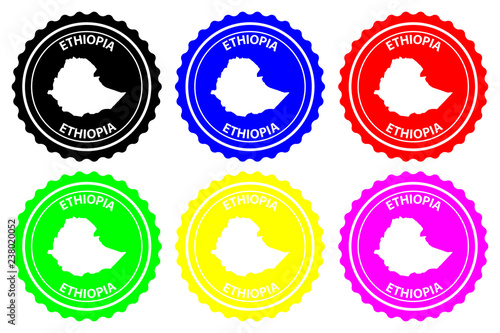 Ethiopia - rubber stamp - vector, Federal Democratic Republic of Ethiopia map pattern - sticker - black, blue, green, yellow, purple and red