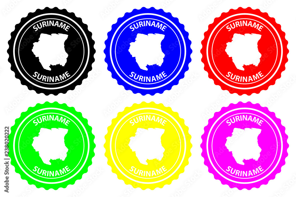Suriname - rubber stamp - vector, Republic of Suriname (Surinam) map pattern - sticker - black, blue, green, yellow, purple and red