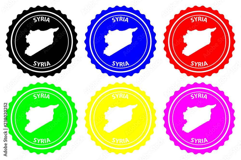 Syria - rubber stamp - vector, Syrian Arab Republic map pattern - sticker - black, blue, green, yellow, purple and red Syria - rubber stamp - vector, Syrian Arab Republic map pattern - sticker - black, blue, green, yellow, purple and red