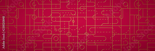 Geometric background made of lines and circles. Red backdrop with stripes and round dotted tracery. Abstract asymmetric stripy template for electronics communications. Contemporary stripy digital art