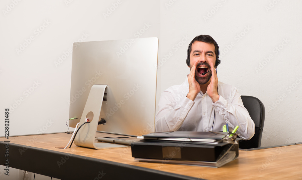 Telemarketer man in a office shouting and announcing something Telemarketer man in a office shouting and announcing something