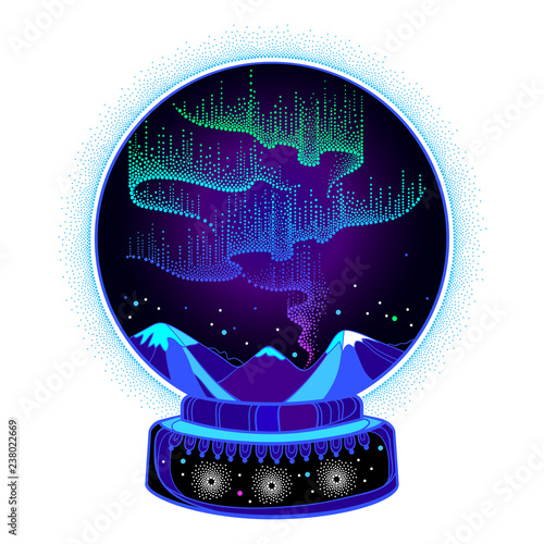 Vector dotted swirls of color northern or polar light in the snow globe. Round composition with Aurora borealis lights in dotwork style on the night background for arctic space or galaxy design. 