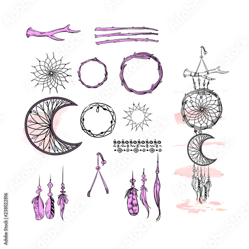Set of Dreamcatcher. Design elements in Boho style isolated on white background. Native style. Tattoo design. Vector.