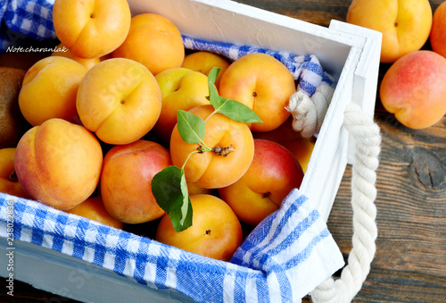 Fresh Apricot with leaf in the white box on wooden background.
The Wachau apricot The Danube in Lower Austria (German name is Wachauer Marille)