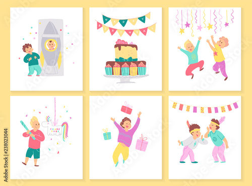 Vector collection of boys birthday party cards with bd cake, garlands, decor elements and happy kids characters. Flat cartoon style. Good for invitation, tags, posters etc.