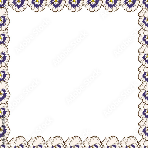 Frame of flowers. Beautiful frame of pansies. Ready template for your design, vector illustration.