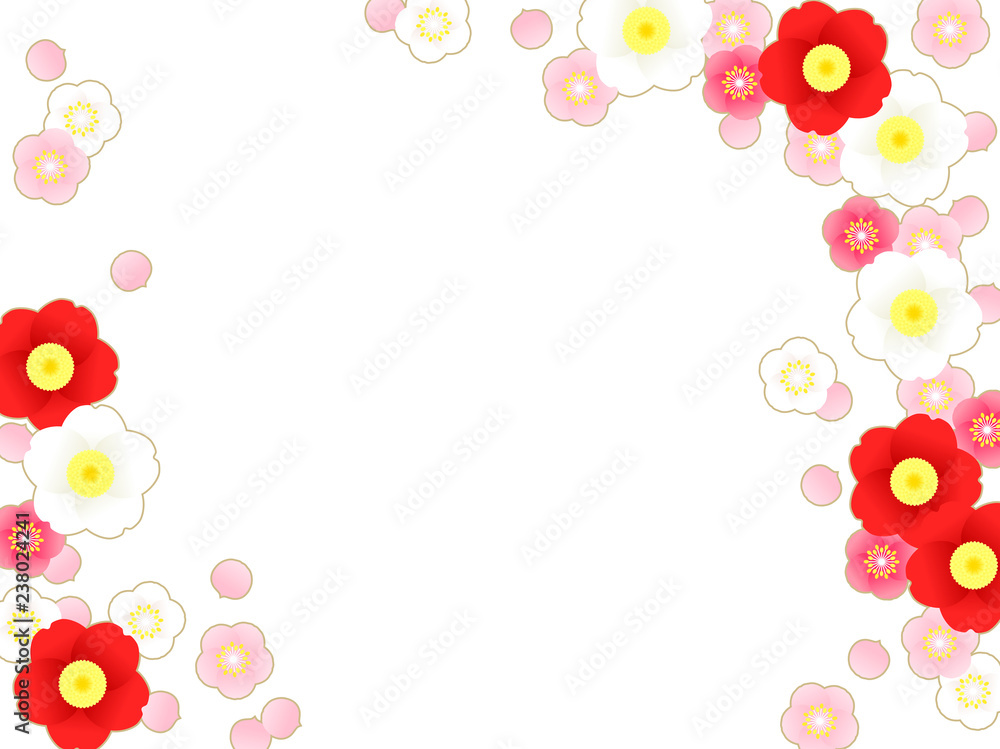 紅白の梅と椿の花の背景イラスト