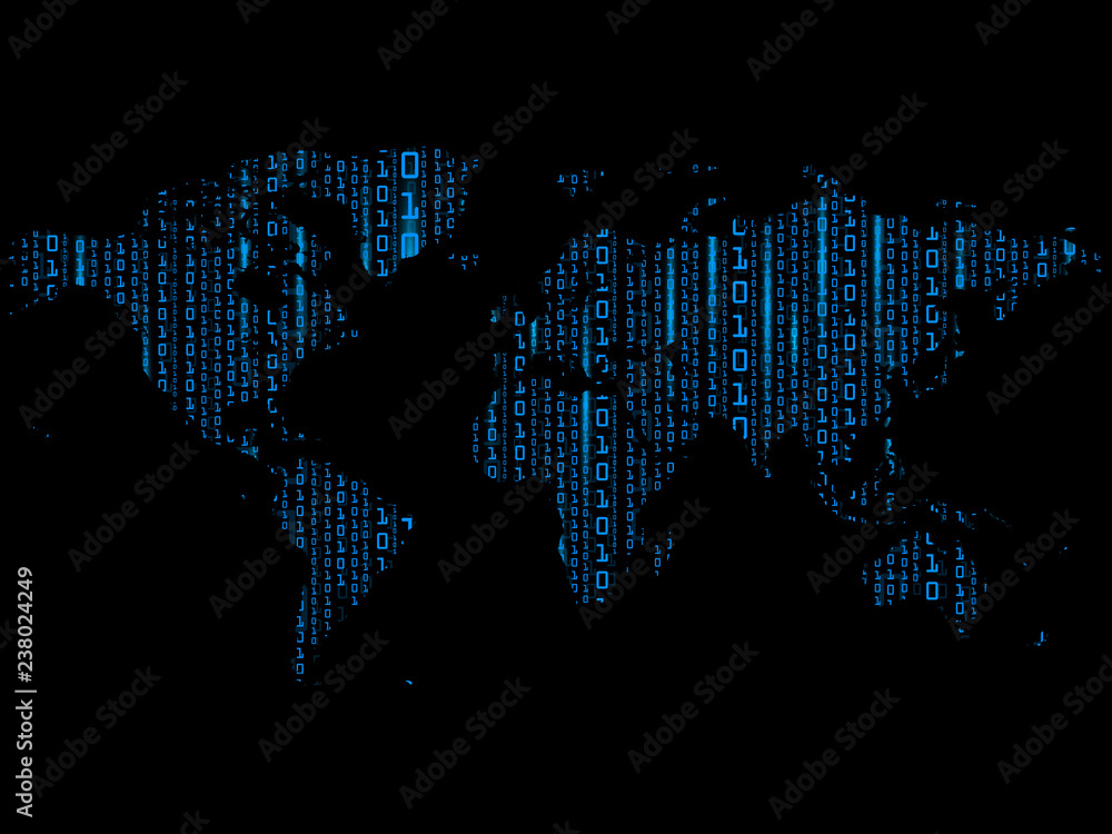 Digital background of blue matrix on world map. Binary computer code. Vector Illustration. Digital background of blue matrix on world map. Binary computer code. Vector Illustration.