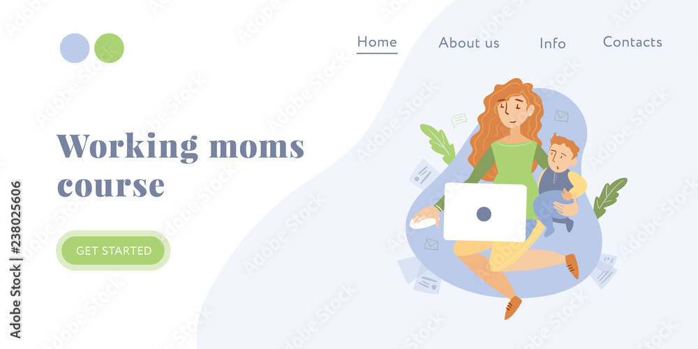 Cute young mom freelancer works at home at the computer.  Illustration isolated on white background. Concept of working mother at home with baby. Landing page template.