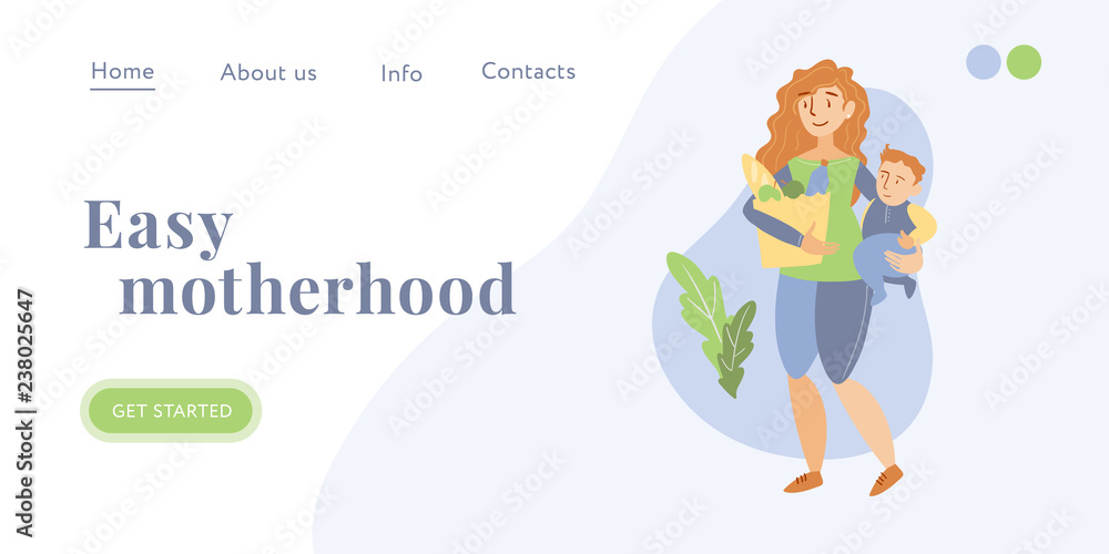 Cute young mom with a baby and shopping bag of products. Illustration isolated on white background. Concept of modern parenting and motherhood. Landing page template. Cute young mom with a baby and shopping bag of products. Illustration isolated on white background. Concept of modern parenting and motherhood. Landing page template.