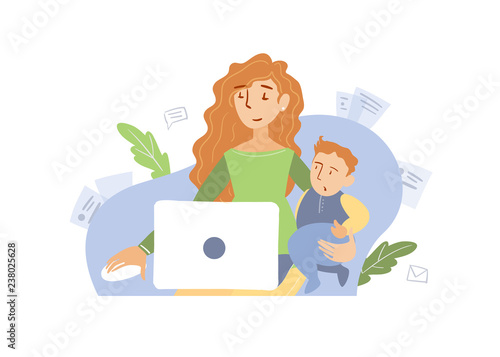 Cute young mom freelancer works at home at the computer. On the knee is a child. Independent woman. Illustration isolated on white background. Concept of working mother at home with baby.