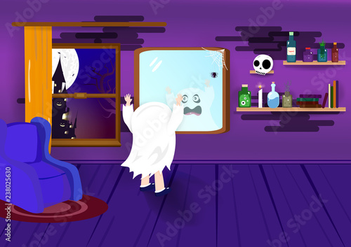 Halloween, Boo, kids, spooky costume in night party cartoon concept, room castle interior, poster invitation, happy holiday season abstract background vector illustration