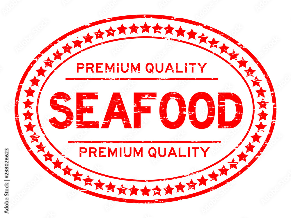 Grunge red premium quality seafood oval rubber seal stamp on white background Grunge red premium quality seafood oval rubber seal stamp on white background