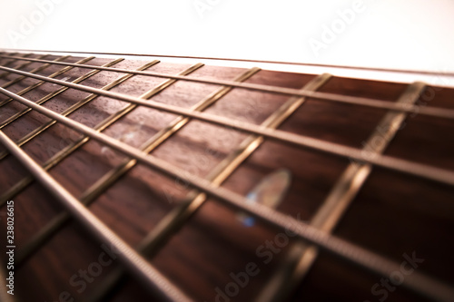 Rosewood bass guitar fret board and strings with backlight closeup