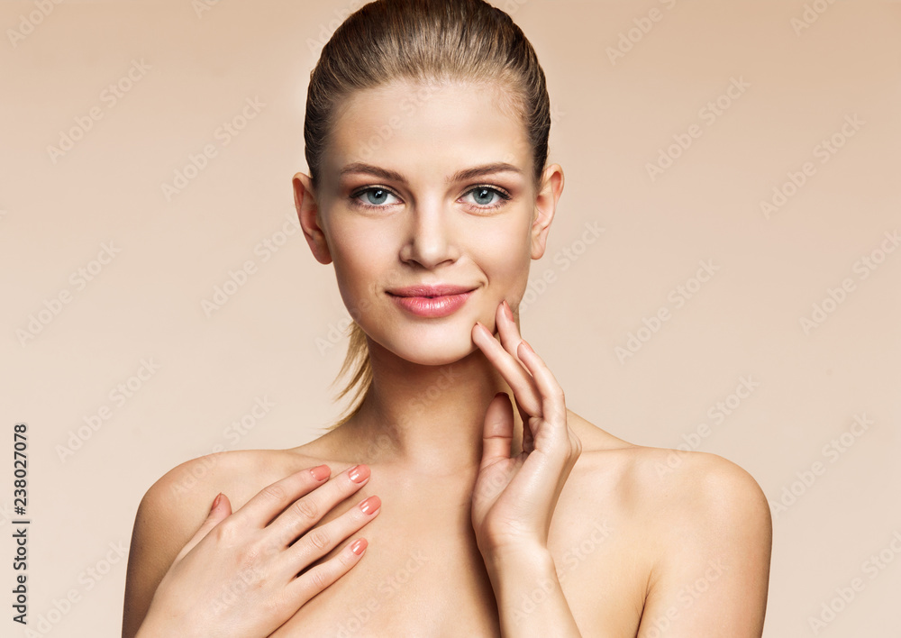 Charming young girl on beige background. Beauty & Skin care concept Charming young girl on beige background. Beauty & Skin care concept