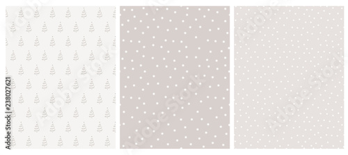 Fototapeta Naklejka Na Ścianę i Meble -  Cute Infantile Style White Christmas Trees and Stars Vector Pattern. White and Warm Gray Simple Design. Gray and White Background. Abstract Forest Illustration.