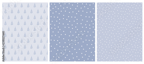 Cute Infantile Style White Christmas Trees and Stars Vector Pattern. White and Blue Simple Design. Blue Background. Abstract Forest Illustration.