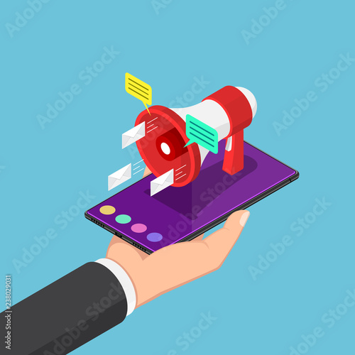 Isometric businessman holding smartphone with announcing megaphone