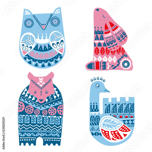 Nordic animals owl, hare, bear, swan in Scandinavian style
