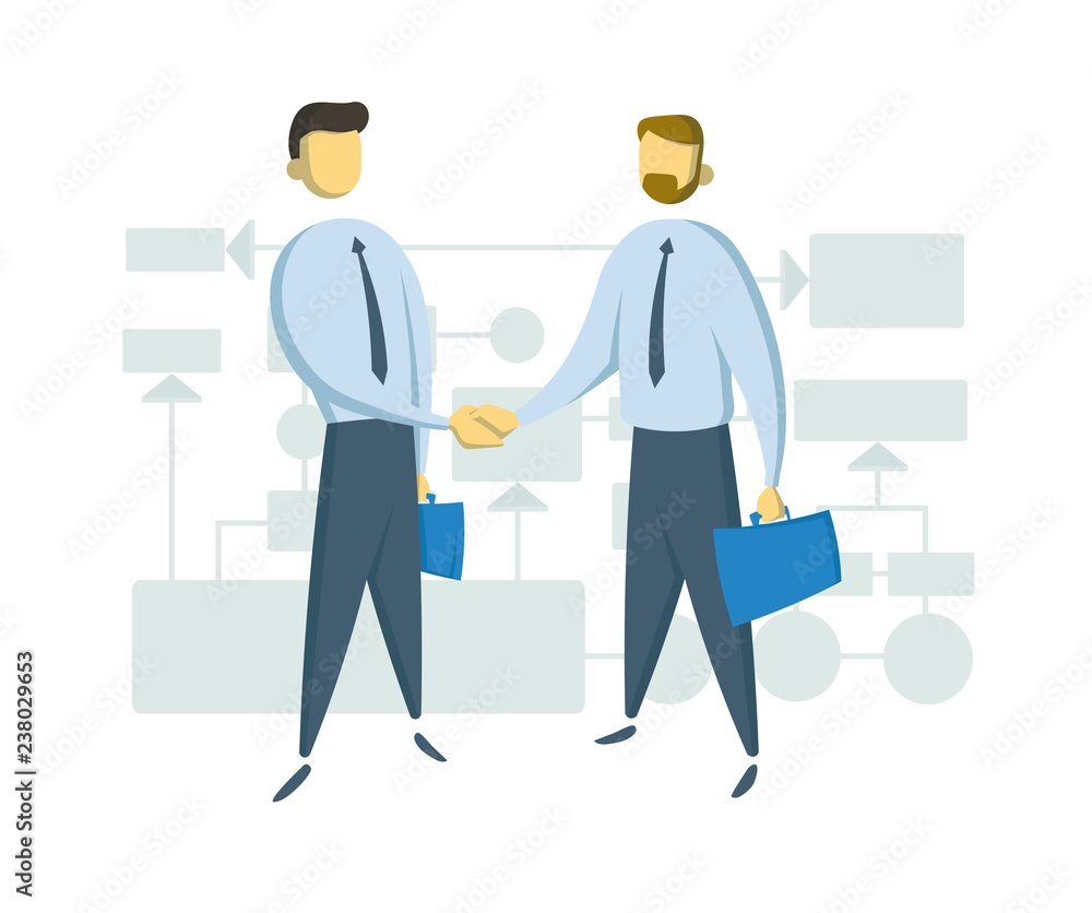 Two businessmen shaking hands in front of schematic business chart. Colorul flat vector illustration. Isolated on white background. Two businessmen shaking hands in front of schematic business chart. Colorul flat vector illustration. Isolated on white background.
