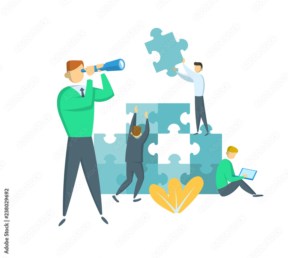 Businessman with a spyglass guiding his team towards success. Teamwork and leadership concept. Businessmen with giant puzzle pieces. Partnership and collaboration. Flat vector illustration. Isolated.