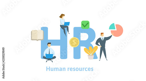 HR, Human resources. Concept with keywords, letters and icons. Colored flat vector illustration on white background. Isolated