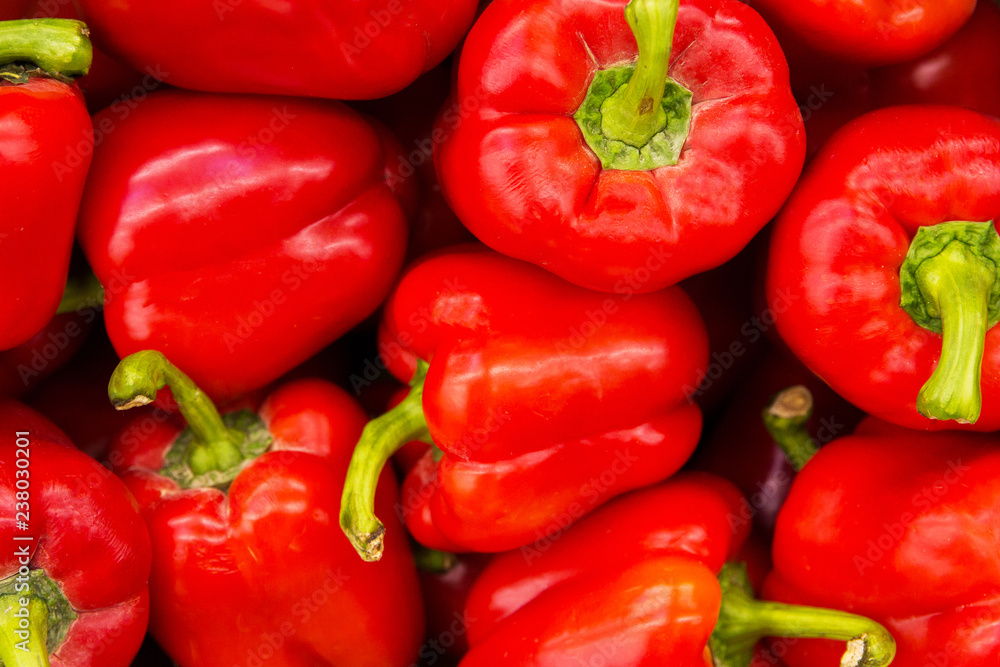 Red peppers. Texture of pepper. Vegetables in the shop