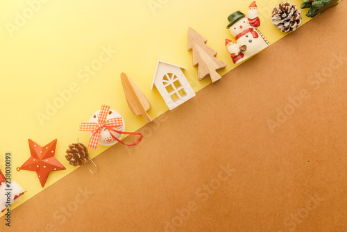 festive celebration background ideas concept with christmas eve holiday decorating items on dark vintage wooden floor with free copy space