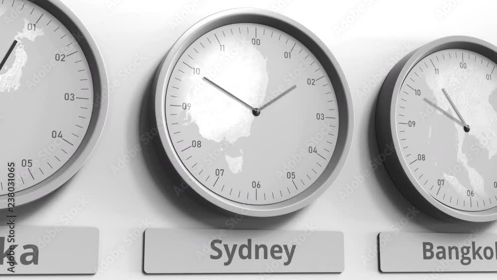 Round clock showing Sydney, Australia time within world time zones ...