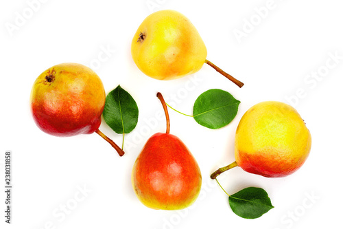 ripe red yellow pear fruits with leaf isolated on white background. Top view. Flat lay pattern