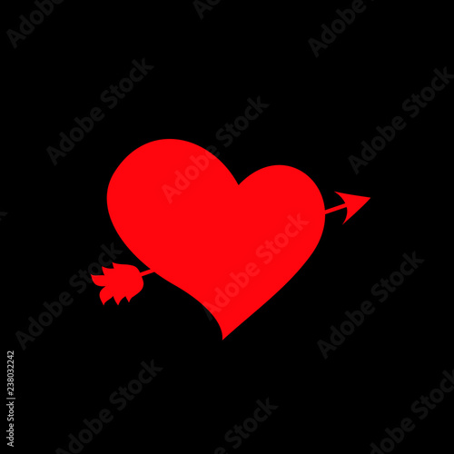 red vector heart pierced with arrow on black background.