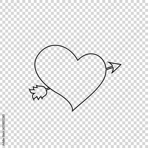black outline vector heart pierced with arrow on transparent background.