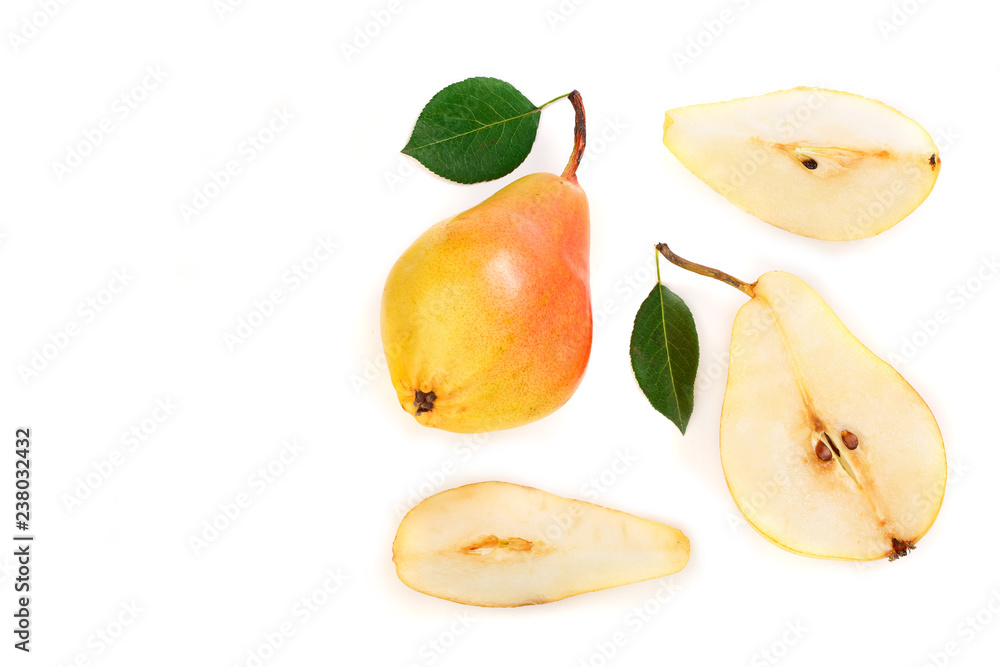 ripe red yellow pear fruits with leaves isolated on white background. Top view. Flat lay pattern ripe red yellow pear fruits with leaves isolated on white background. Top view. Flat lay pattern