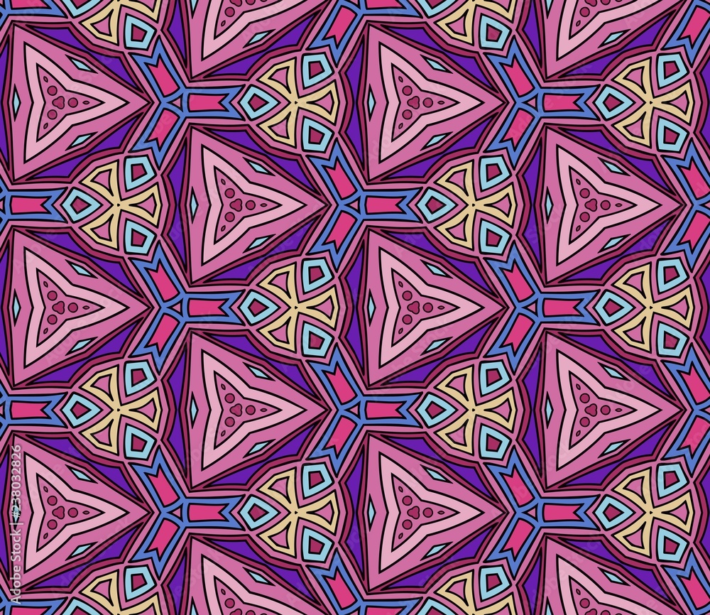 Seamless hexagonal pattern from geometrical abstract floral ornaments multicolored in purple shades on a dark background. Vector illustration. Suitable for fabric, wallpaper and wrapping paper Seamless hexagonal pattern from geometrical abstract floral ornaments multicolored in purple shades on a dark background. Vector illustration. Suitable for fabric, wallpaper and wrapping paper