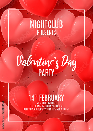 Happy Valentine's Day Party Flyer. Beautiful Banner with Realistic Air Balloons in the Shape of Heart on red Background. Vector Illustration with Confetti. Invitation to Nightclub.