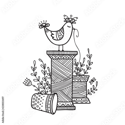 Vector illustration of thread spool and cute bird.