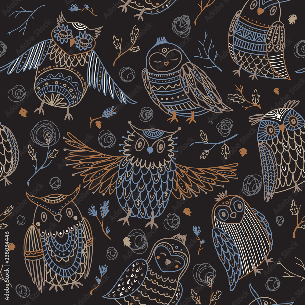 Fototapeta premium Cute owls seamless pattern in boho style with ornaments.