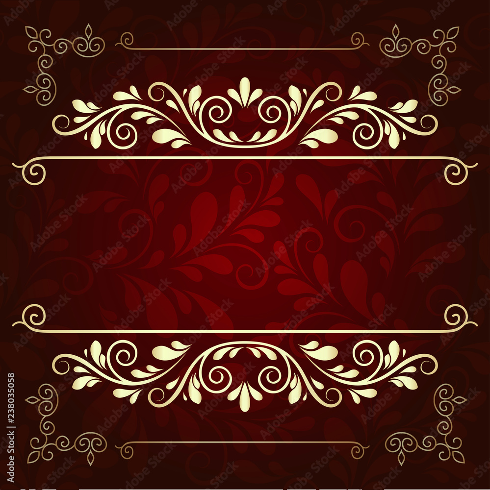 Luxurious gold pattern frame on a dark burgundy background Luxurious gold pattern frame on a dark burgundy background