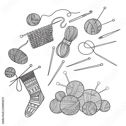 Vector set of knitting tools, clothes and yarn