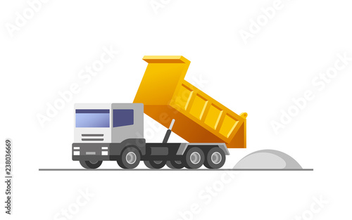 Dumper truck in action at construction site. Vector illustration.