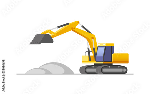 Excavator in action at construction site. Vector illustration.
