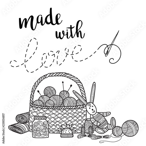 Vector card knitting theme with needlework tools and lettering