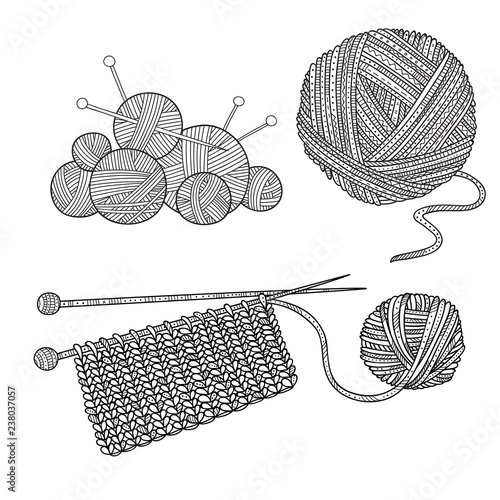 Vector set of knitting tools and yarn