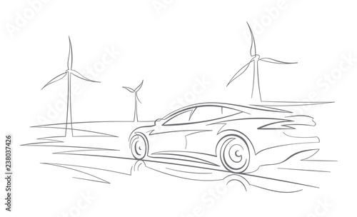 Car racing on road concept abstract illustration. Electric vehicle outline with wind turbines on the background. Vector. Isolated. 