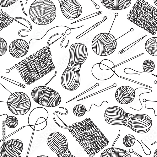 Vector seamless pattern with knitting tools and yarn